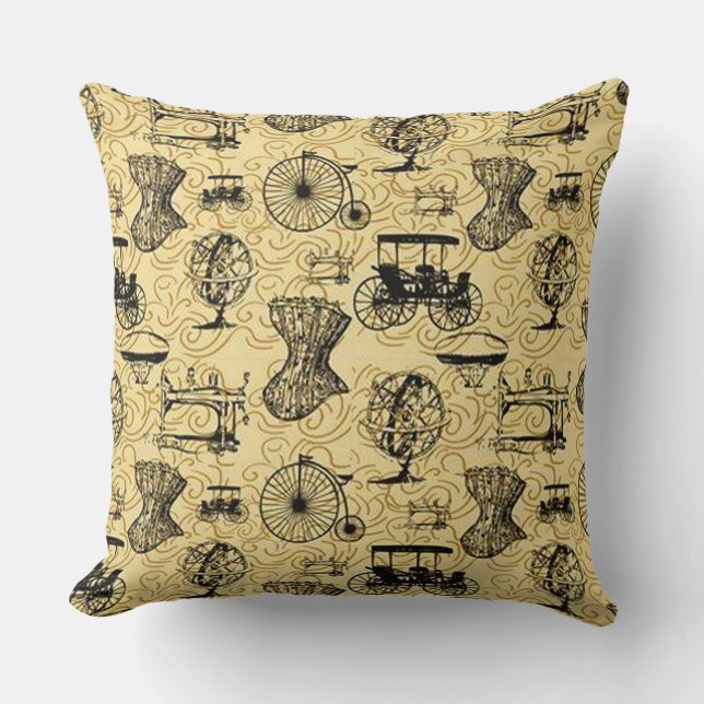 Yellow Steampunk Pattern Throw Pillow (Front)