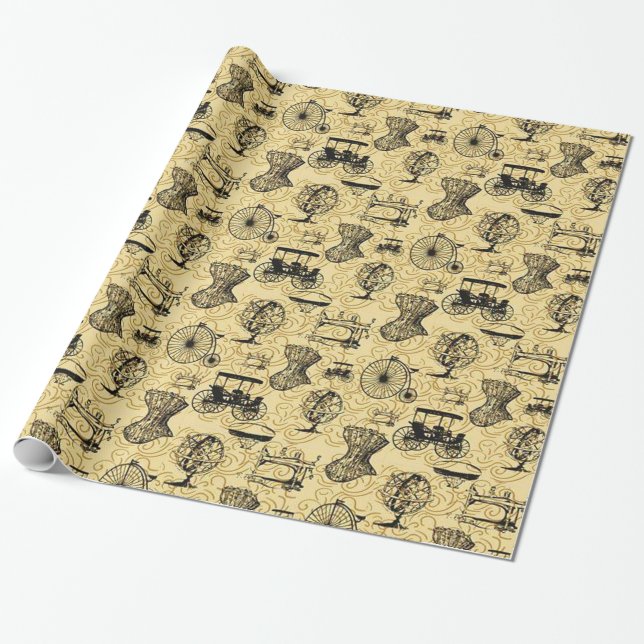 Yellow Steampunk Pattern Wrapping Paper (Unrolled)