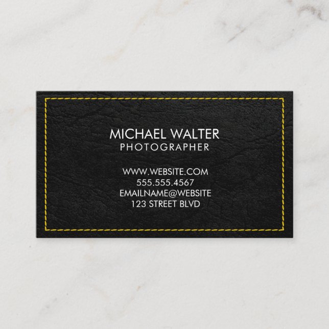 Yellow Stitched Black Leather Background Business Card (Front)