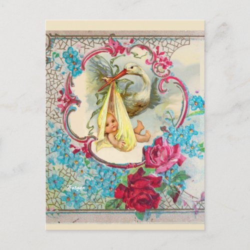 YELLOW STORK BABY SHOWER PINK ROSESBLUE FLOWERS  POSTCARD