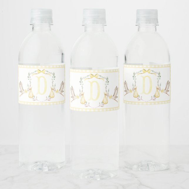 Yellow Stork Baby Shower Water Bottle Labels (Bottles)