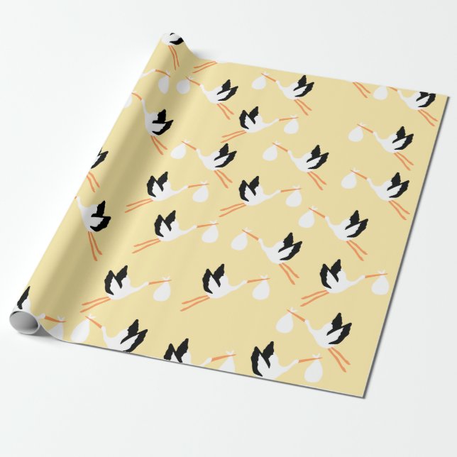Yellow Stork Baby Shower Wrapping Paper (Unrolled)
