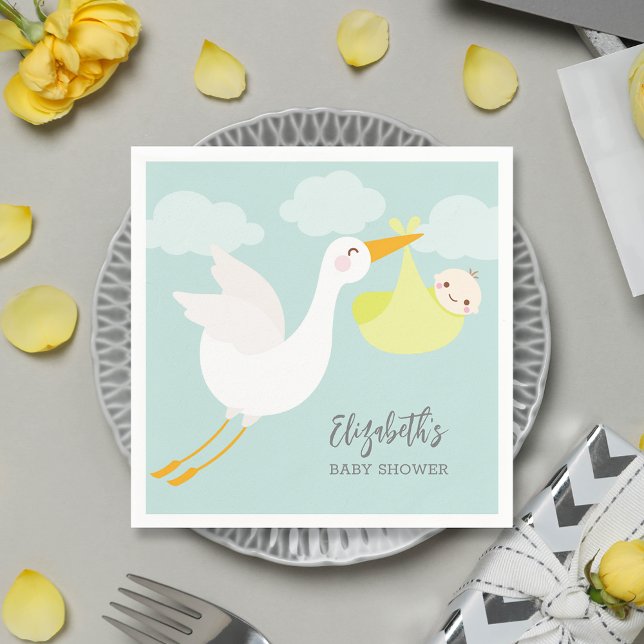 Yellow Stork Bundle Gender Neutral Baby Shower Napkins (Yellow stork bundle unisex baby shower personalized cocktail napkins)