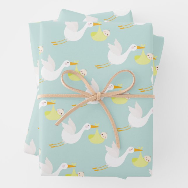 Yellow Stork Unisex Baby Shower Wrapping Paper Sheets (In situ)