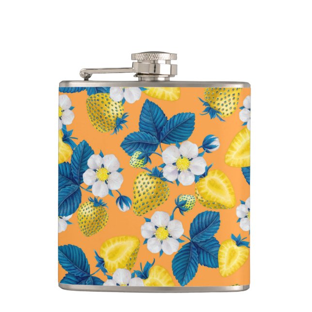 Yellow strawberries on orange flask (Front)