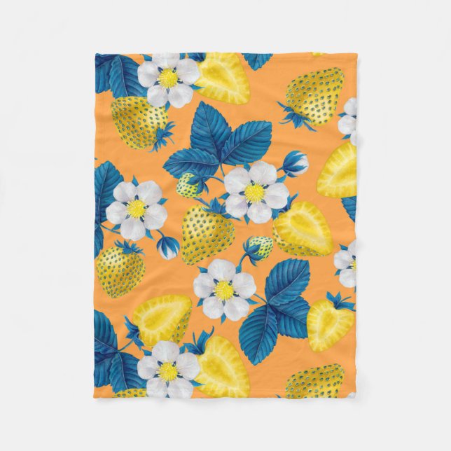 Yellow strawberries on orange fleece blanket (Front)