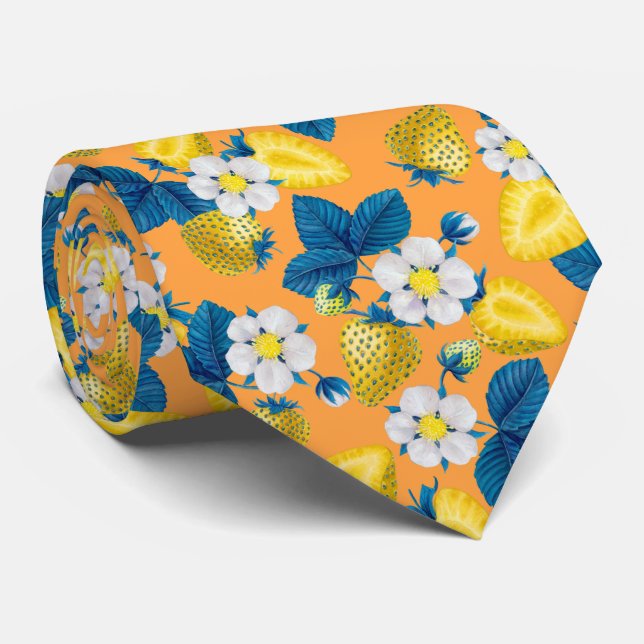 Yellow strawberries on orange neck tie (Rolled)