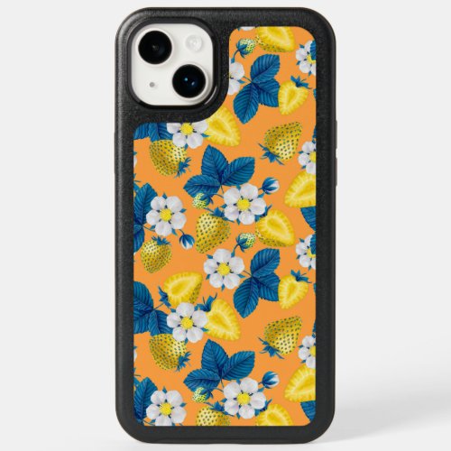 Yellow strawberries on orange OtterBox iPhone 14 plus case