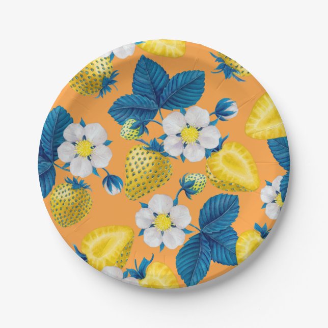 Yellow strawberries on orange paper plates (Front)