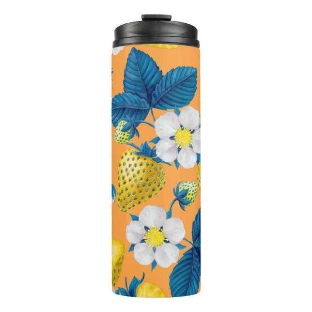 Yellow strawberries on orange thermal tumbler (Front)