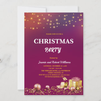 yellow String Lights Purple Christmas Party Invitation