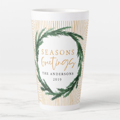 Yellow stripe and watercolour wreath Christmas Latte Mug