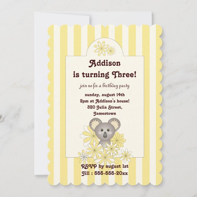 Yellow Stripe Baby Koala Kids Birthday Invitation (Front)