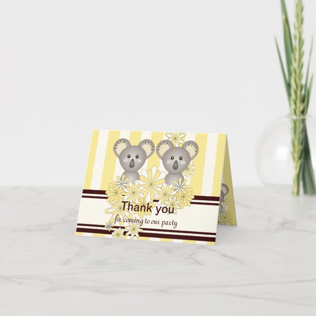 Yellow Stripe Baby Koala Twin Party Thank You Card