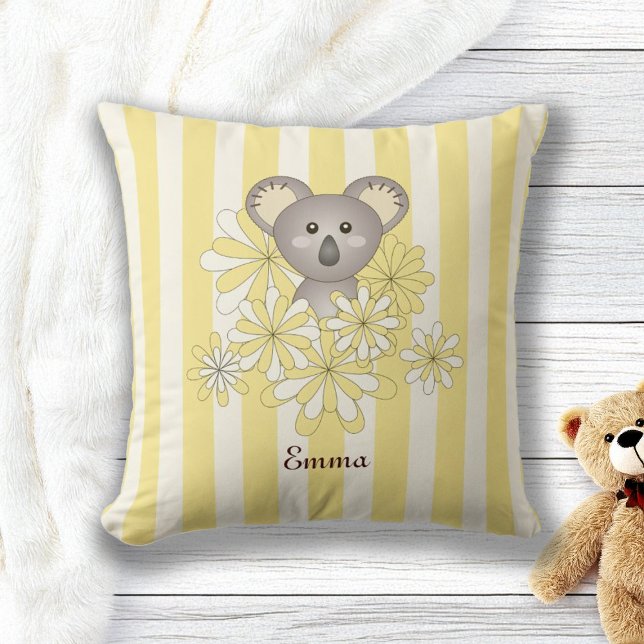 Yellow Stripe Cute Baby Koala Bear Children's Room Throw Pillow (Creator Uploaded)