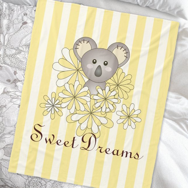 Yellow Stripe Cute Baby Koala Bear Kids Fleece Blanket (Creator Uploaded)