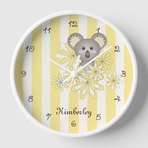 Yellow Stripe Cute Baby Koala Bear Kids Room Clock