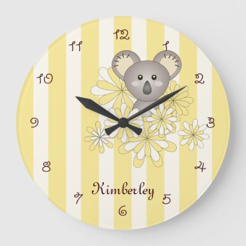 Yellow Stripe Cute Baby Koala Bear Kids Room Large Clock