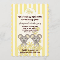 Yellow Stripe Cute Baby Koala Twin Birthday Invitation