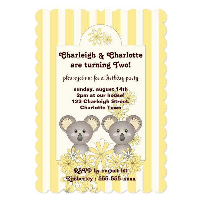 Yellow Stripe Cute Baby Koala Twins Birthday