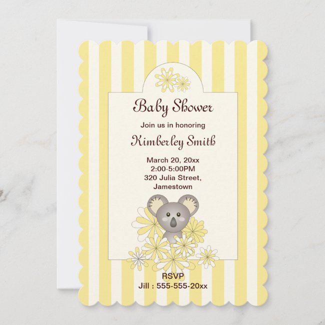 Yellow Stripe Cute Koala Baby Shower Invitations