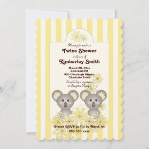 Yellow Stripe Cute Koala Boy Girl Twin Baby Shower Invitation