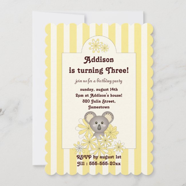 Yellow Stripe Cute Koala Kids Birthday Invitation