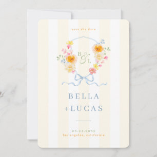 Yellow Stripe Floral Crest Monogram Spring Wedding Save The Date