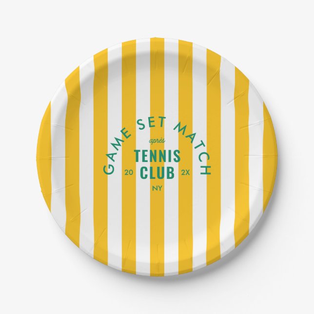 Yellow Stripe Game Set Match Après Tennis Club Paper Plates (Front)