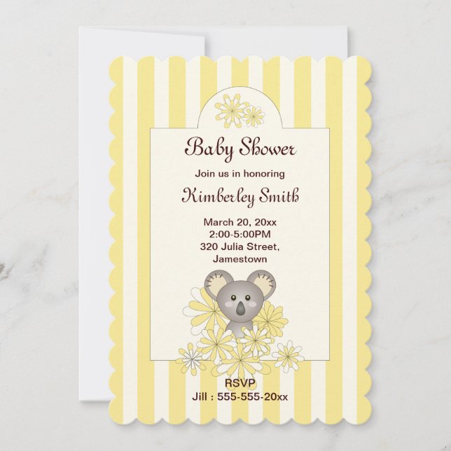 Yellow Stripe Koala Gender Neutral Baby Shower Invitation (Front)