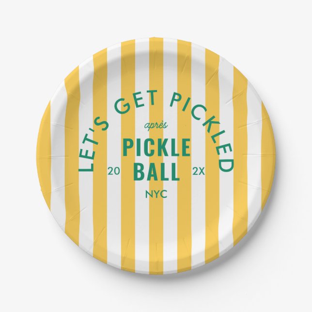 Yellow Stripe Let's Get Pickled Après Pickleball Paper Plates (Front)