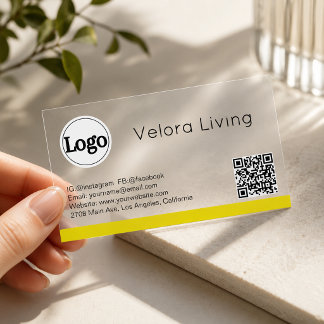 Yellow Stripe Modern Professional Logo QR Code Clear Business Cards