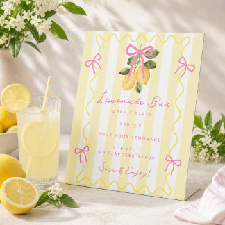 Yellow Stripe Pink Bow Lemonade Bar  Pedestal Sign