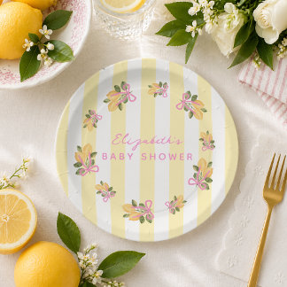 Yellow Stripe Pink Lemon Baby Shower Paper Plates