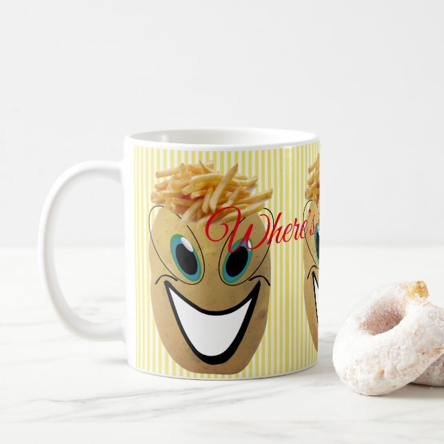 Yellow Stripe Potato, French Fries, Ketchup? Mug (With Donut)