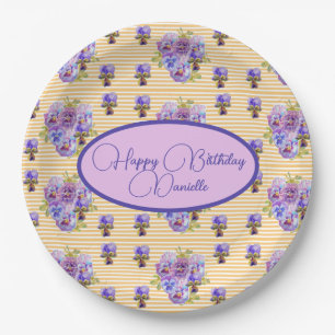 Yellow Stripe Shabby Chic floral Birthday Paper Plates