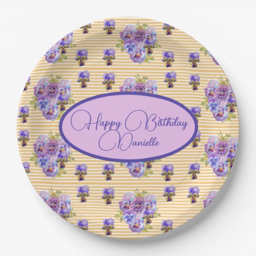 Yellow Stripe Shabby Chic floral Birthday Paper Plates