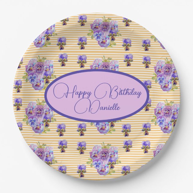 Yellow Stripe Shabby Chic floral Birthday Paper Plates (Front)