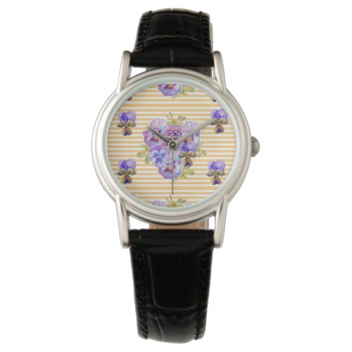 Yellow Stripe Shabby Pansy floral flowers Watch