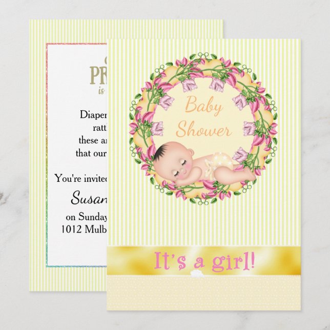 Yellow Stripe Sleeping Baby Shower Invitation (Front/Back)
