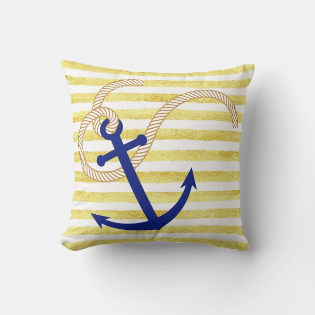 Yellow Stripe Watercolor Nautical Pillow anchor (Front)