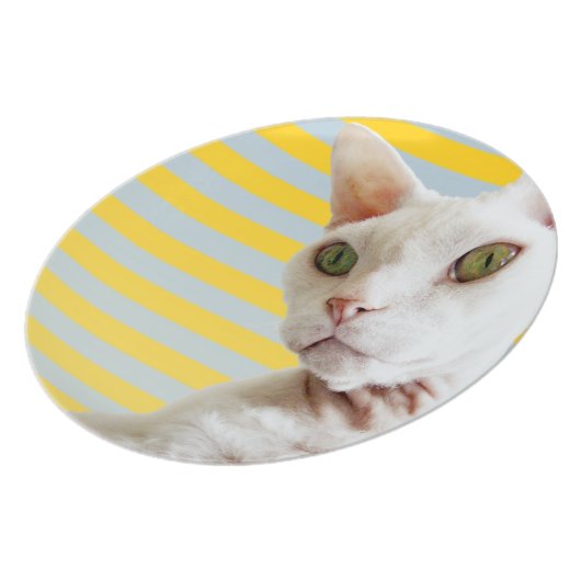 Yellow Stripe White Devon Rex Cat Plate (Left Side)