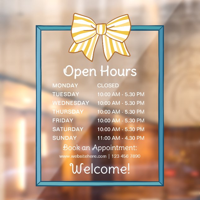 Yellow Striped Bow Blue Frame Open Hours Number Window Cling (Sheet 2)