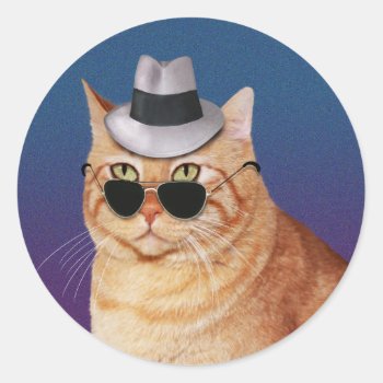 Yellow Striped Cat With Sunglasses And Hat Classic Round Sticker by AutumnRoseMDS at Zazzle