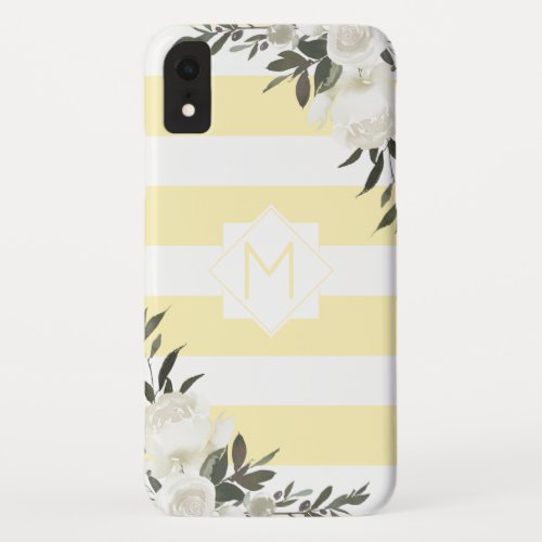Yellow Striped Floral Monogram with White Roses iPhone XR Case