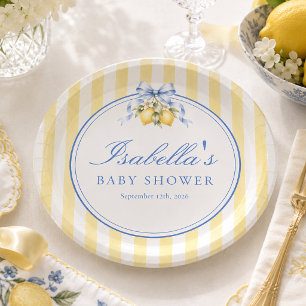 Yellow Striped Italian Lemon and Bow Baby Shower Paper Plates