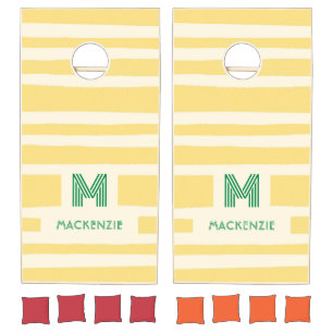 Yellow Striped Retro Chic Beach House Monogram Cornhole Set