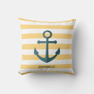 Yellow Stripes and Blue Anchor Throw Pillow