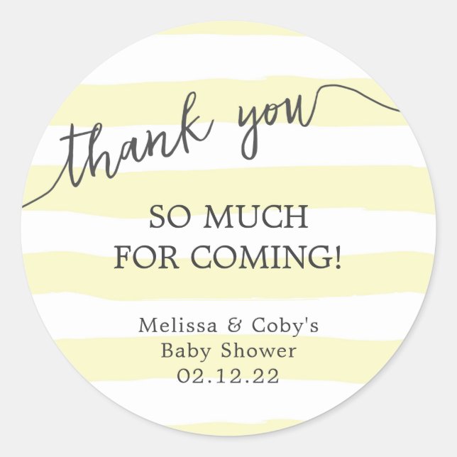 Yellow Stripes baby shower thank you favor Classic Round Sticker (Front)