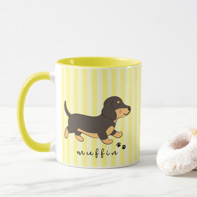 Yellow Stripes Black Tan Dachshund Name  Mug (With Donut)